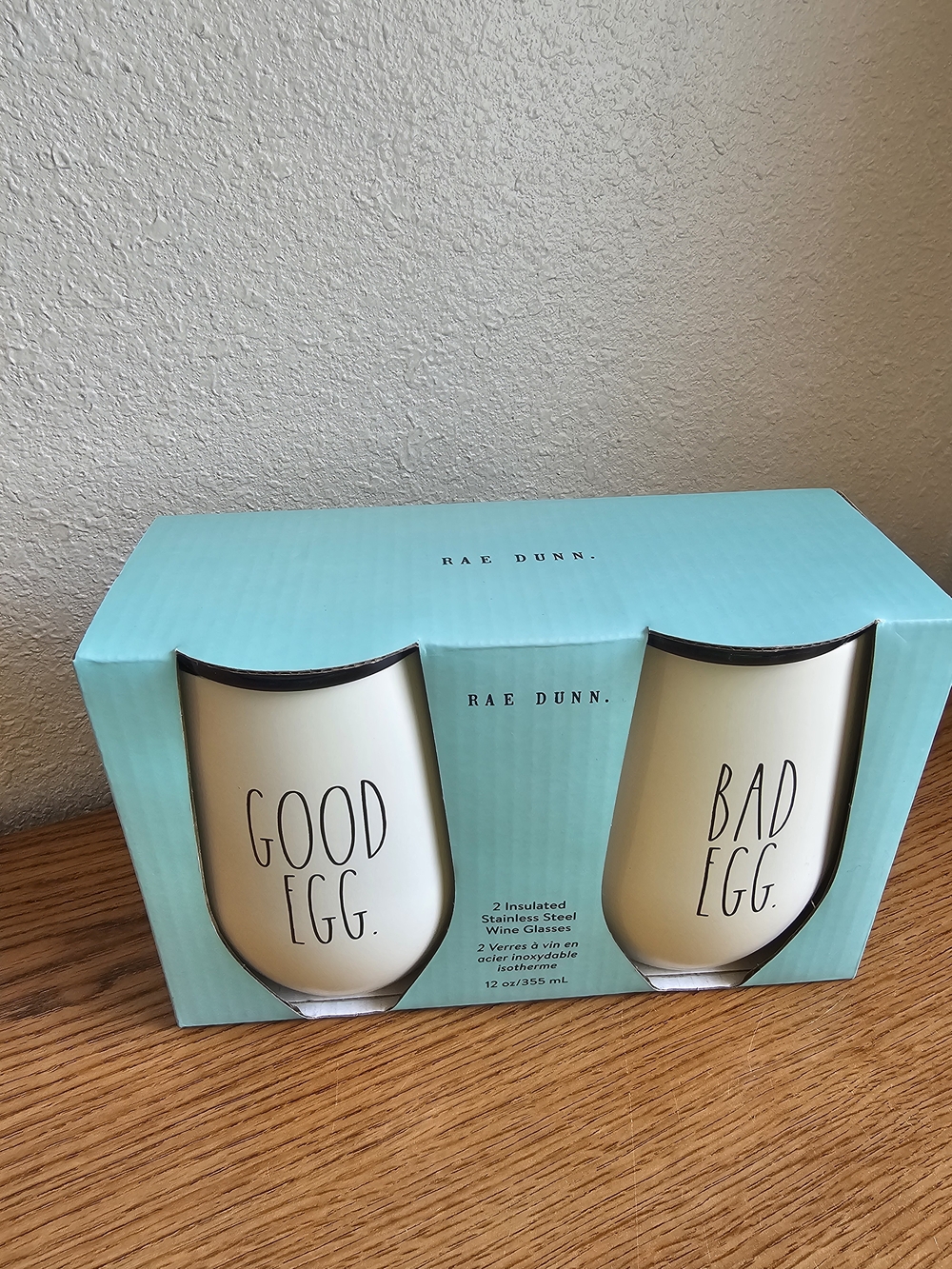 Rae Dunn Wine Tumblers Stemless "Good Egg" & "Bad Egg" Stainless Steel NEW White